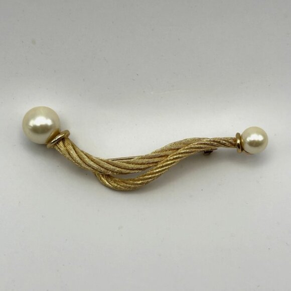 CHRISTIAN DIOR Twisted Rope Faux Pearl Brooch 3.5” Bar Pin 1960s Signed - Picture 1 of 10